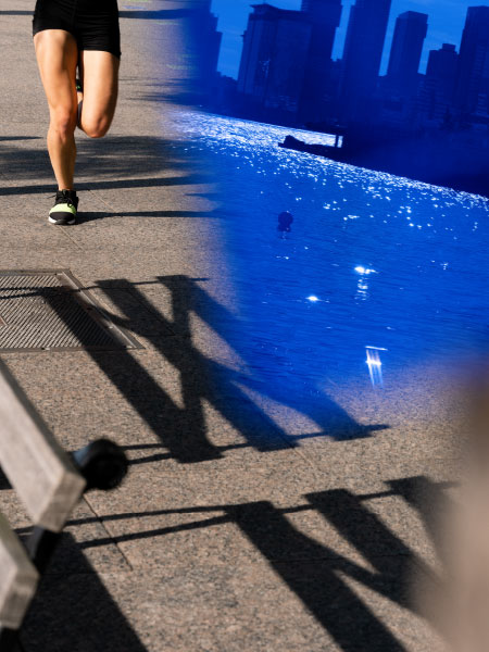 person jogging along river walk with river view superimposed